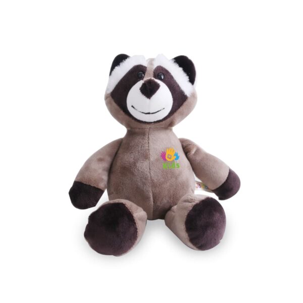 A plush raccoon toy with dark and light brown fur. It has a smiling face, black nose, and white around its eyes. A colorful logo is embroidered on its chest, showing a handprint and the word kids.