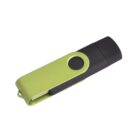 A green USB flash drive with a swivel design, featuring a black hinge and end cap, is shown against a white background.