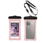 Two waterproof phone pouches with pink borders and black closures. One shows the front of a smartphone with apps displayed, the other shows the back of a smartphone. A detachable black lanyard is attached to one pouch.