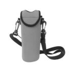 Gray insulated bottle holder with a detachable black strap, featuring a flap closure secured by Velcro. The neoprene material offers padding and insulation, while metal hooks connect the adjustable strap to the holder’s side loops.