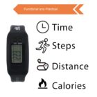 Black digital wristwatch with a display shows 12:32. Icons and text describe its features: time, steps, distance, and calories. Orange banner at the top reads Functional and Practical with a right-pointing arrow.