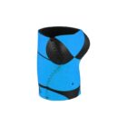 A blue and black foam drink koozie designed to resemble a bikini on a curvy body, with black stitching details. The koozie is standing upright against a plain white background.