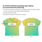 Instructional image illustrating logo placement on a T-shirt. The logo is shown on the front and back with guidelines: maximum width of 30cm, at least 5cm below the collar, and at least 6cm from the armhole and seam.