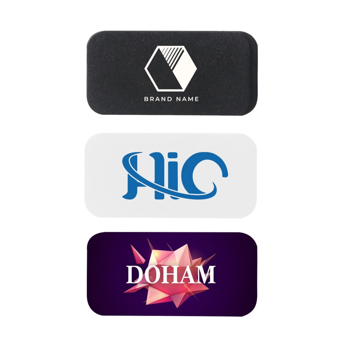 Three logos are displayed on rectangular backgrounds. The top is black with a geometric design, the middle is white with a stylized πIC, and the bottom is dark purple with DOHAM over an abstract geometric shape.