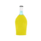 A clear glass bottle with a black cap is partially covered by a bright yellow insulating sleeve, isolating it against a plain white background.