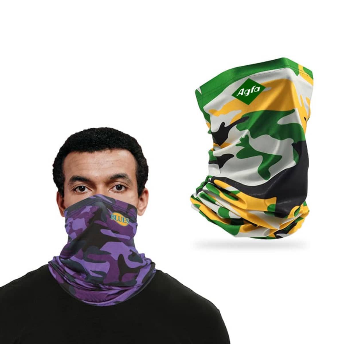 A man wearing a purple camouflage neck gaiter covering his nose and mouth. Next to him is a colorful neck gaiter with green, yellow, white, and black camouflage patterns, and the word Agfa on it. Both are on a white background.