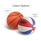 Two basketballs are shown. One is a classic orange, labeled Brown, and the other is in custom colors, featuring blue, white, and red sections. Text above reads Colour Options.