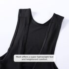 Black mesh athletic tank top on a white background. A label reads, Mesh offers a super lightweight feel and heightened comfort.