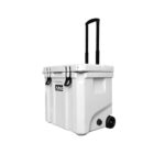 White wheeled cooler with a black handle extended. The lid has black latches for secure closure, and one side shows the brand name Ahic. The cooler is positioned on a white background.