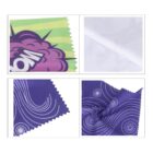 Four fabric swatches displayed in a grid. Top left: comic-style design with green and pink. Top right: plain white fabric. Bottom left: solid purple with swirling lines. Bottom right: purple with white spiral patterns.