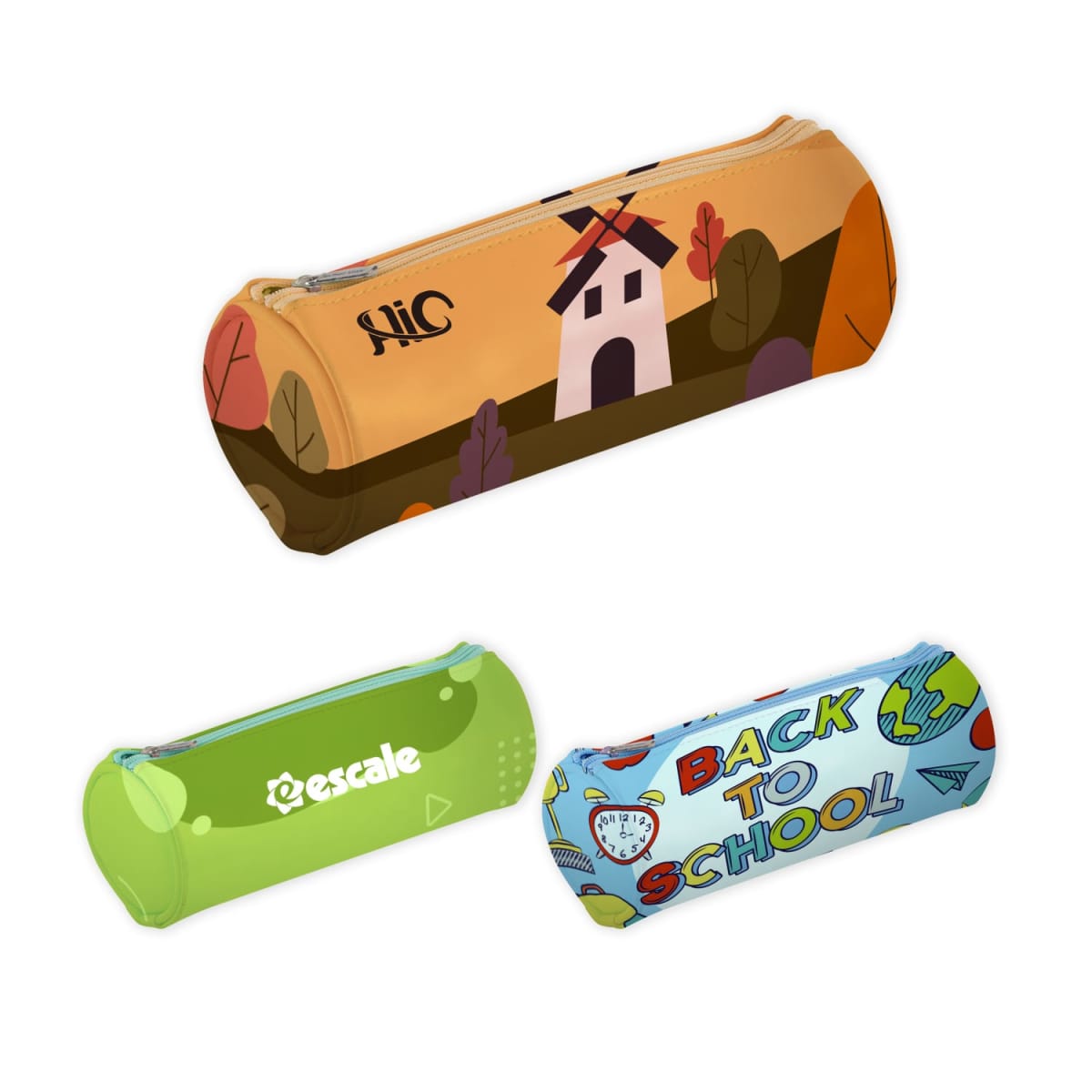 Three cylindrical pencil cases with zippers. The top case features a house and trees on a mustard background. The bottom left is green with a logo, and the bottom right is blue with Back to School and colorful graphic designs.