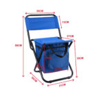 Blue folding chair with an attached insulated bag. The chairs dimensions: 58cm height, 35cm width, 30cm depth. Bag dimensions: 27cm height, 25cm width, 27cm depth. Black metal frame with measurements labeled in red.
