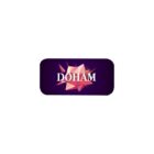 Purple rectangular logo with the word DOHAM in white, centered over a geometric, pink and orange starburst design.