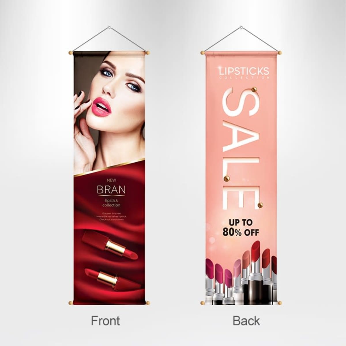 Two vertical banners display a lipstick collection. The front banner shows a model wearing red lipstick and advertises New Bran with lipstick images. The back banner announces a sale with Up to 80% off and various lipstick shades.