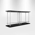 A minimalistic black and silver folding table with two connected rectangular surfaces and metal supports, set against a plain white background. The table features a sturdy design with visible hinges and joints.