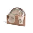 A childrens dinner set featuring a green tractor design. The set includes a plate, bowl, tumbler, spoon, and fork, packaged in a cardboard box with transparent plastic. The box reads at a farm...
