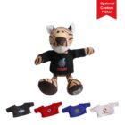A stuffed tiger toy wearing a black shirt with DEMO and a logo. Below are five additional custom shirts in black, red, blue, white, and white with various logos and designs. A red flag at the top right reads Optional Custom T Shirt.