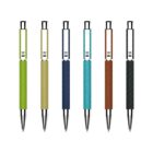 Six textured pens in green, light green, blue, dark blue, brown, and dark brown are arranged vertically in a row against a white background. Each pen features a metallic clip and tip.