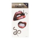 A sheet of temporary tattoos featuring designs of red lips with a spider, a pair of lips with exposed teeth, and a coiled snake.