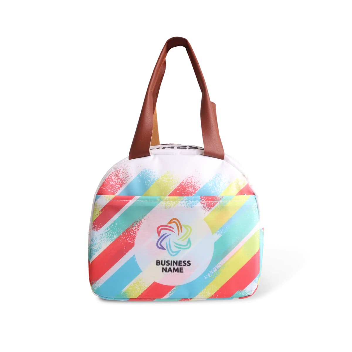 A colorful, white handbag with diagonal stripes in blue, yellow, red, and pink. It features brown handles and a circular logo area in the center displaying Business Name with a multicolored swirl design.