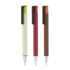 Three retractable pens are aligned vertically. From left to right, the pens are silver with a green top, red with a black top, and brown with a copper top. Each pen has a black clip and a metallic tip.