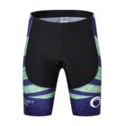 A pair of cycling shorts with a mix of black, green, and purple colors. The shorts feature abstract geometric patterns and have a logo and the text COMPANY NAME near the bottom hem.