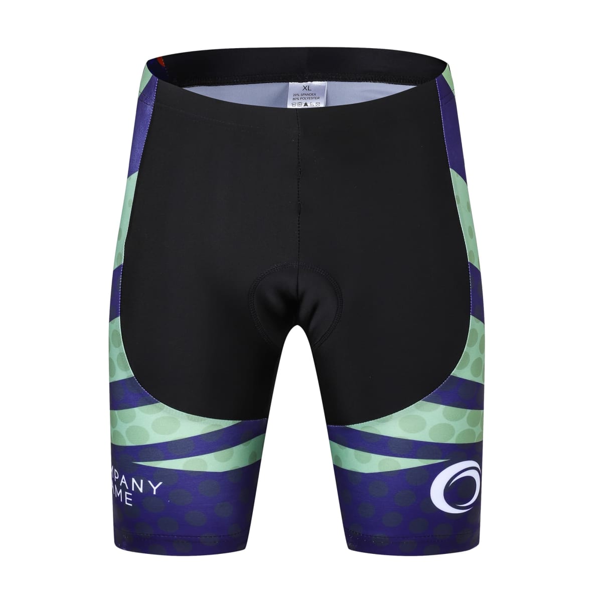 A pair of cycling shorts with a mix of black, green, and purple colors. The shorts feature abstract geometric patterns and have a logo and the text COMPANY NAME near the bottom hem.