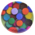 A variety of colorful yarn balls, including red, blue, green, yellow, and purple, are tightly arranged in a circular frame, creating a vibrant and textured pattern.