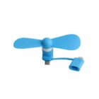 Blue portable mini fan with two blades and dual connectors (USB-C and Lightning) attached to a flexible arm. Designed for mobile device connectivity.
