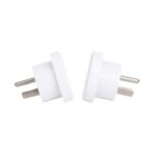 Two white electrical plug adapters are displayed against a white background. Positioned side by side, one plug faces left and the other faces right, each featuring metal prongs for socket connectivity.
