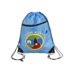 Blue drawstring backpack with black straps, featuring a colorful circular logo that includes mountains and sea, and the text “ISLAND & CAPE” above and “Unity through enterprise” below the image.