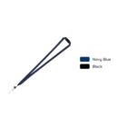 A navy blue lanyard with a metal clasp is shown alongside color options labeled Navy Blue and Black. The lanyard is displayed against a white background.