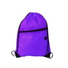 A bright purple drawstring backpack with black trim and a front zippered pocket. The drawstrings are black and secured with metal eyelets at the bottom corners.