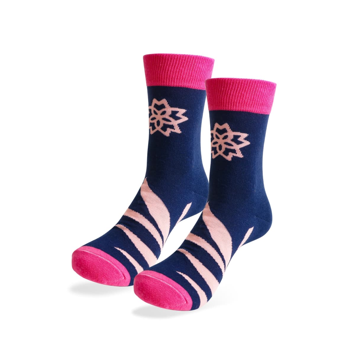 Pair of navy blue socks with pink tops, toes, and heels. Each sock features a pink geometric flower pattern near the top and pink diagonal stripes around the foot and ankle.