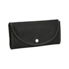 Black fabric wallet with a flap and a white button closure, displayed against a white background.