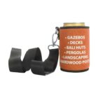 A can in an orange cooler with a black strap attached. The cooler has white text listing: Gazebos, Decks, Bali Huts, Pergolas, Landscaping, Hardwood Posts.