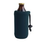 A brown glass bottle with a golden cap is snugly held in a dark green neoprene sleeve. The sleeve has a black drawstring with a plastic toggle for tightening, partially covering the bottle.