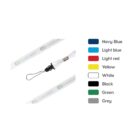 A white lanyard with a black clasp and loop is shown next to a color swatch guide. The guide includes navy blue, light blue, light red, yellow, white, black, green, and grey, all labeled accordingly.