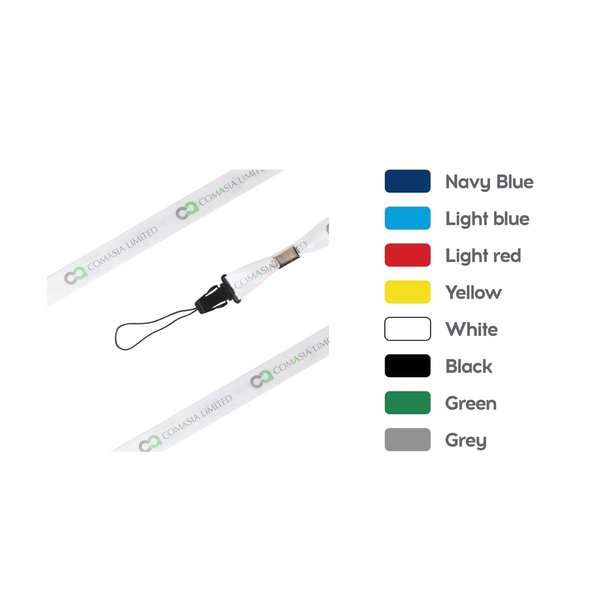A white lanyard with a black clasp and loop is shown next to a color swatch guide. The guide includes navy blue, light blue, light red, yellow, white, black, green, and grey, all labeled accordingly.
