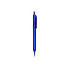 A blue ballpoint pen with a translucent body and a click mechanism. The pen is positioned vertically against a white background.