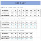 A size chart for mens, womens, and kids clothing. Mens sizes S to 5XL; womens L8 to L18; kids 6Y to 16Y. Measurements include full chest and total length. Specific values are listed for each size group.