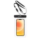A black waterproof phone pouch with a lanyard, featuring a clear front showing a smartphone with an orange gradient display.