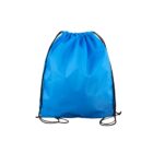 A bright blue drawstring bag with black strings sits against a white background. The bag is slightly crumpled, showing natural folds in the fabric.