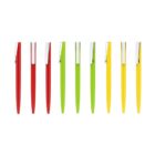 Eight pens are lined up vertically, with two red pens on the left, four green pens in the middle, and two yellow pens on the right. Each pen has a white clip.