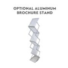 Aluminum brochure stand with six transparent shelves, each slanting in alternating directions. The stand is collapsible and compact, with a zigzag design. Text above reads Optional Aluminum Brochure Stand.