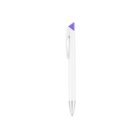 A sleek white pen with a silver tip and a purple triangular top, resting against a plain white background.