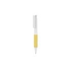 A pen with a white clip and cap, a yellow grip, and a white tip, is centered on a plain white background.