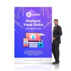 A man in a suit stands beside a large sign featuring the text Protect Your Data with digital illustrations of a smartphone, a tablet, and a padlock. The background is purple with circuit designs. Website address at the bottom: www.yourweb.com.
