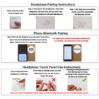Diagram showing headphone pairing, phone Bluetooth pairing, and touch panel instructions. It includes images of headphones, a phone with iOS and Android screens, and a touch panel. Theres also a tip about holding headphones by the frame.