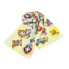A colorful silk scarf featuring cartoon-style illustrations of diverse characters, including animals and people, each within circular frames on a light green background. The scarf is neatly folded with visible vibrant patterns.